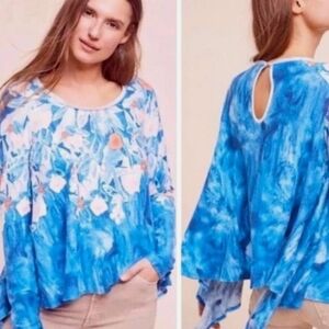 Anthropologie Meadow Rue Floral Watercolor Linen Cotton Knit Blue Orange Small